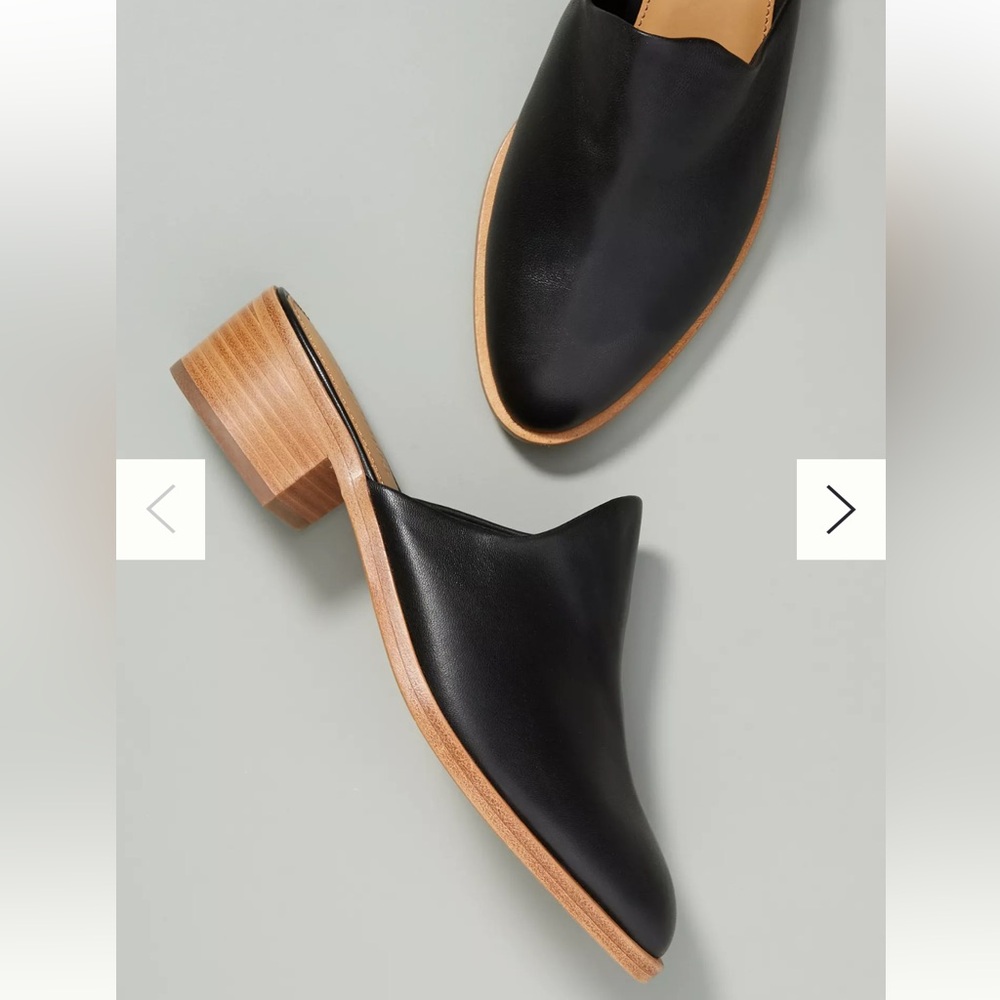 Black Leather Slip-On Mules with Wood Heel